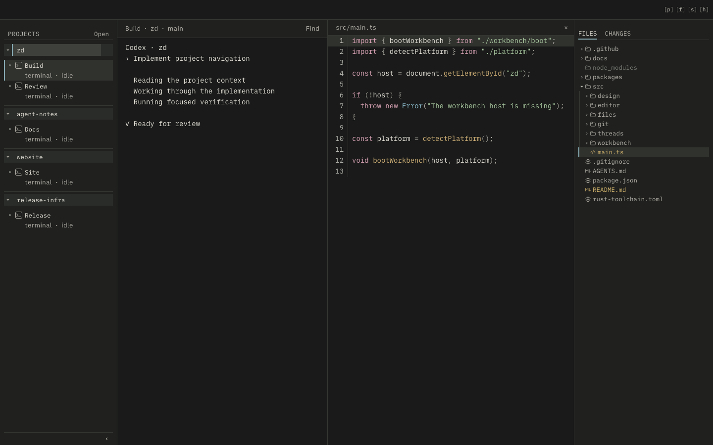 The Dark zd workbench with a Codex terminal running beside source code