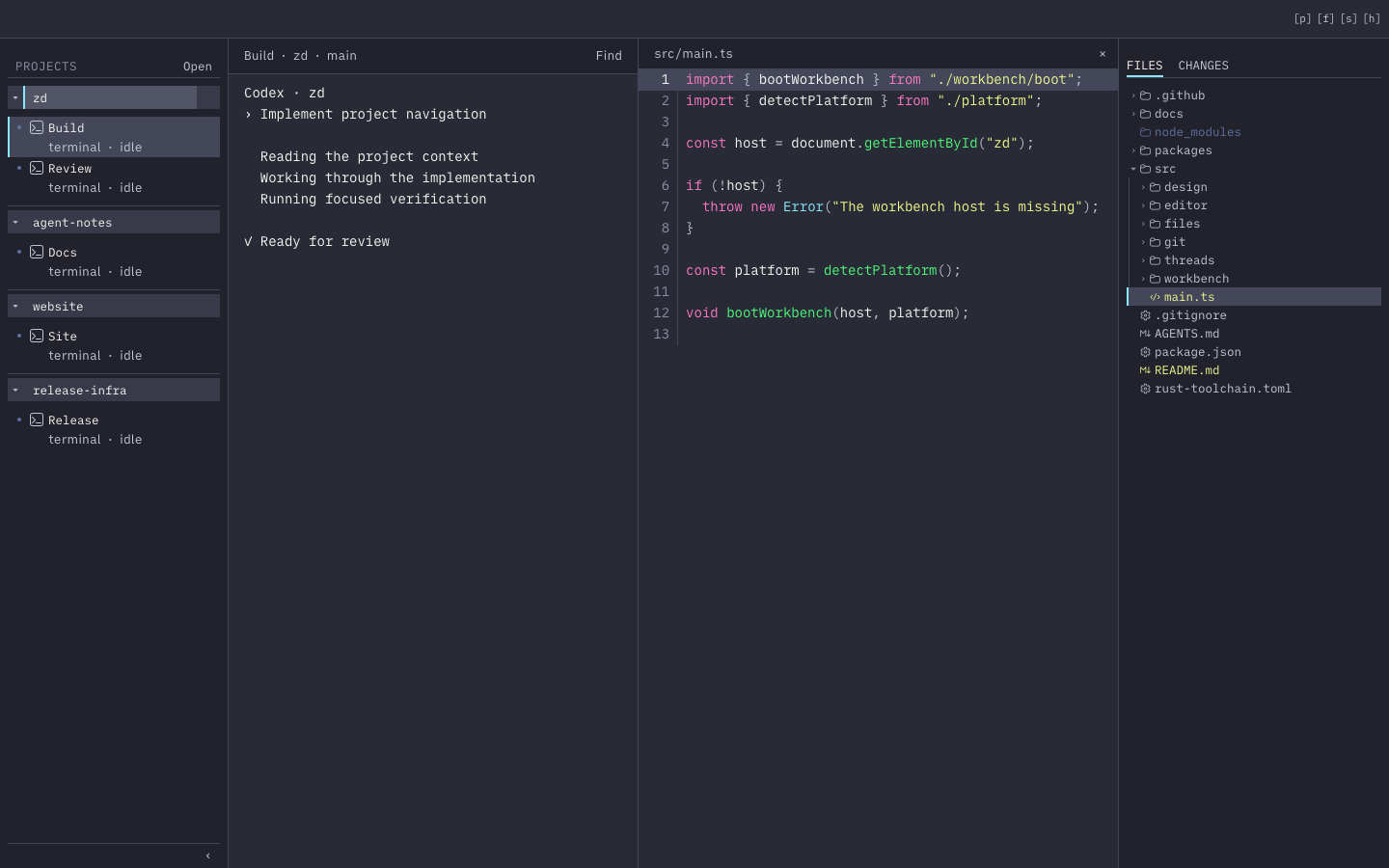 The Dracula zd workbench with a Codex terminal running beside source code