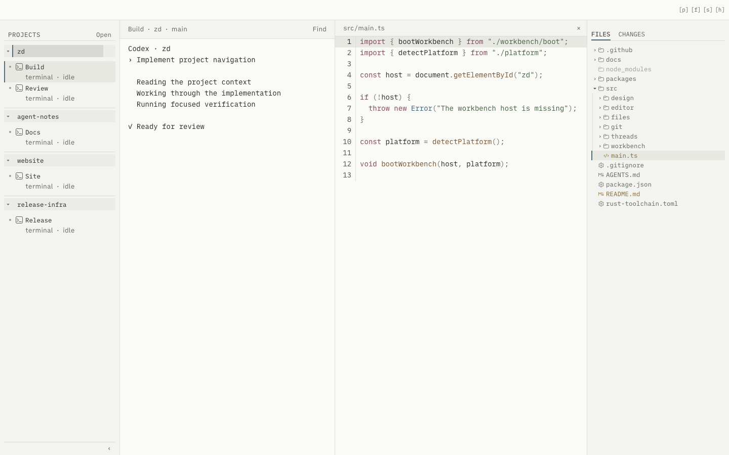 The Current Light zd workbench with a Codex terminal running beside source code